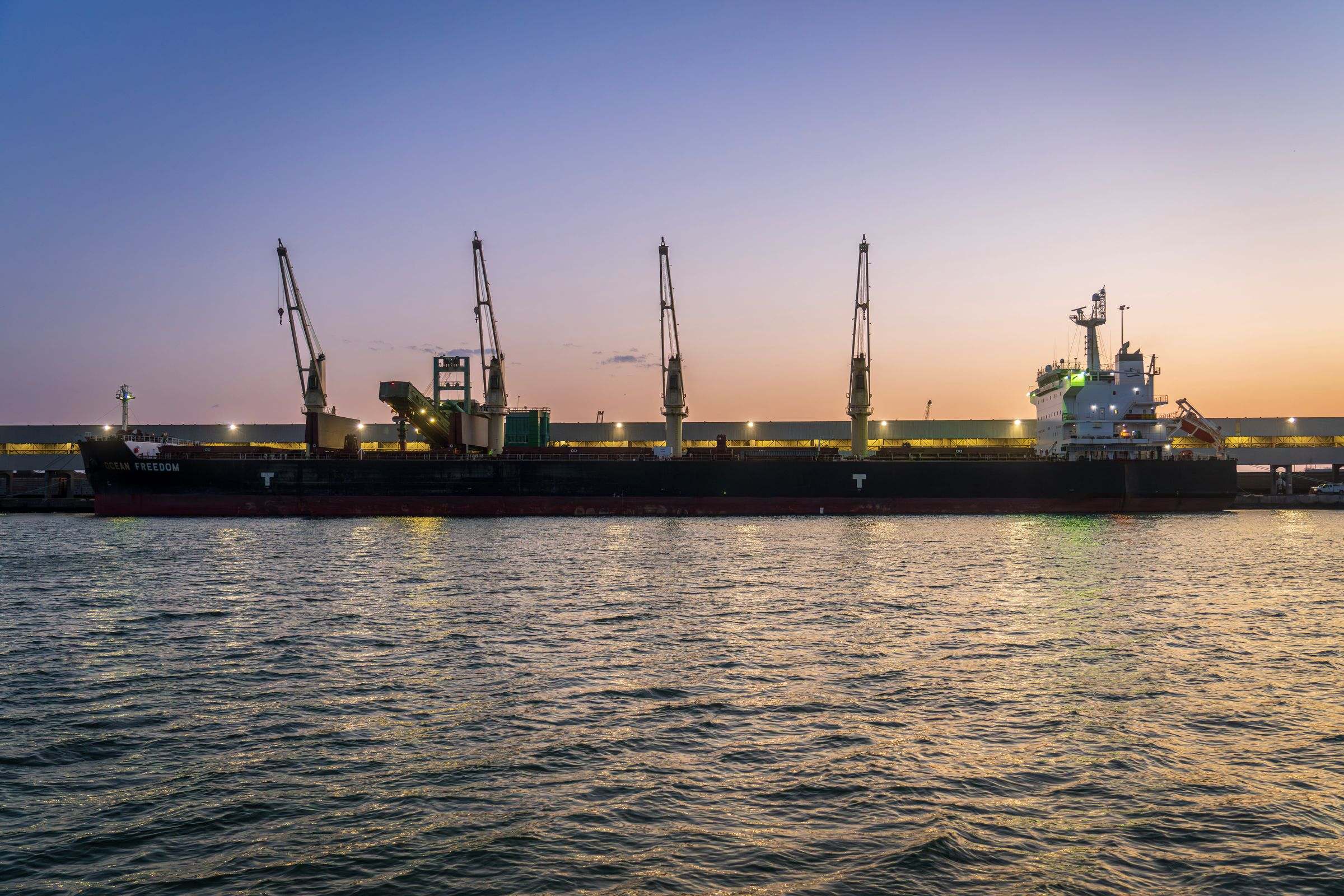 Bulk carrier at berth at dusk